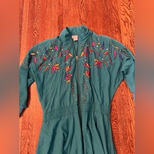 Vintage Turquoise Women’s Rafael Midi Zip Dress Sz M Pockets Embellished Waist